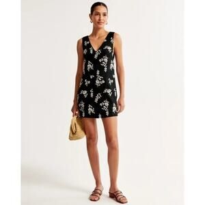 Abercrombie & Fitch Embroidered Linen Blend Mini Dress Small Tall ST Black NWT
